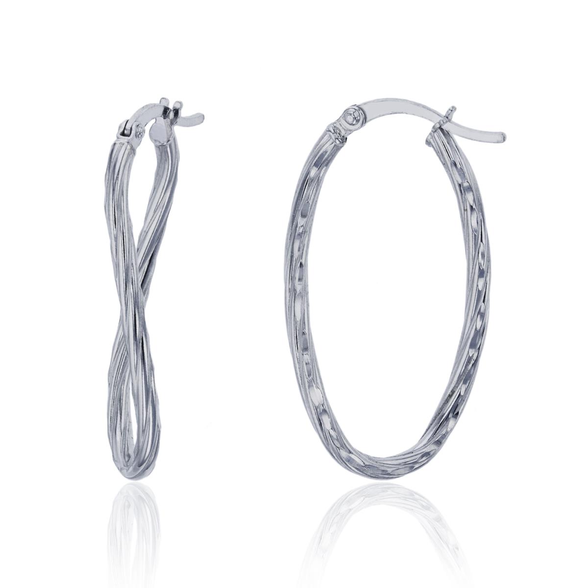 Sterling Silver Rhodium 30x2mm DC & Liny Textured Twist Elongated Curved Hoop Earring