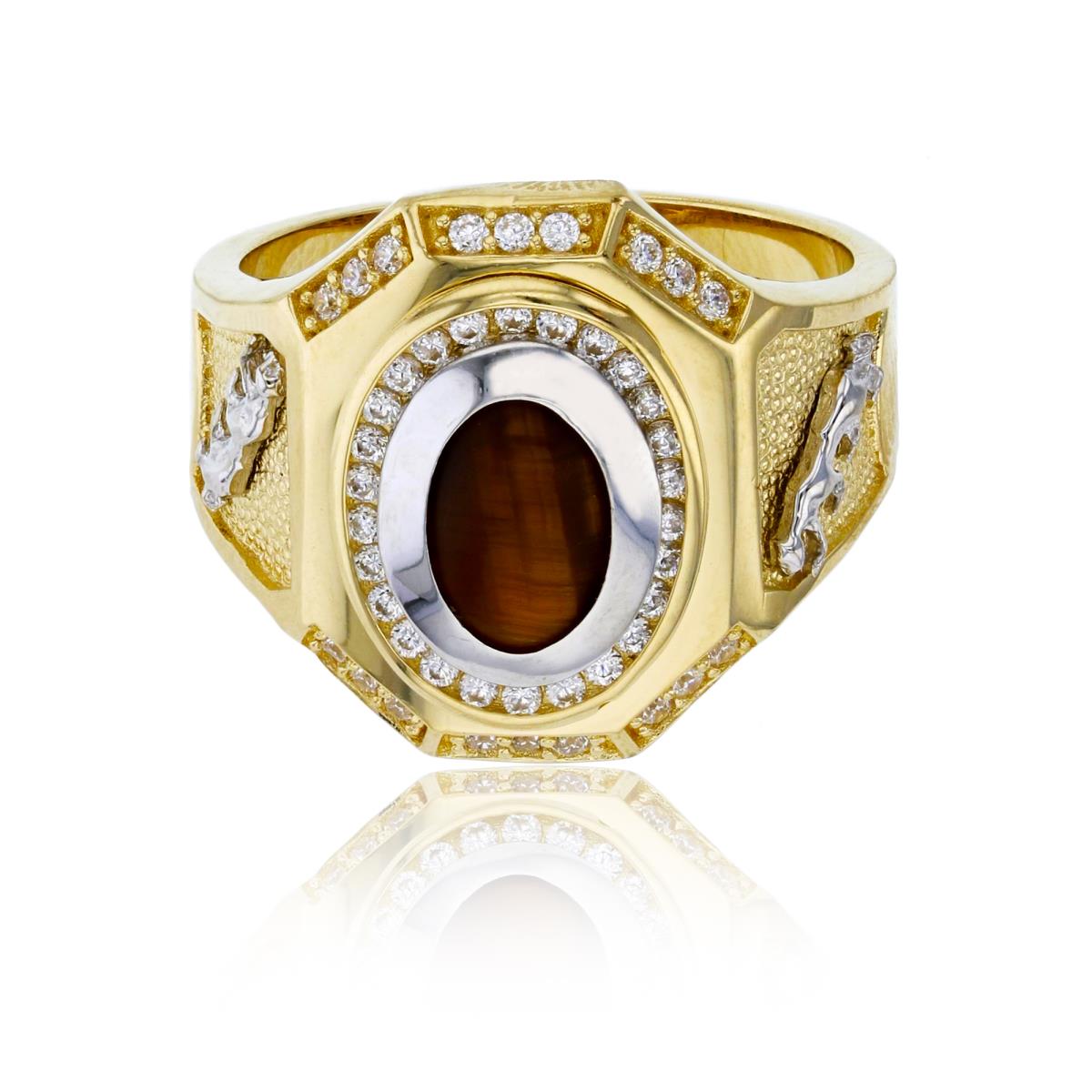 14K Gold Yellow & White 20mm Oval Tiger Eye Jaguar Ring