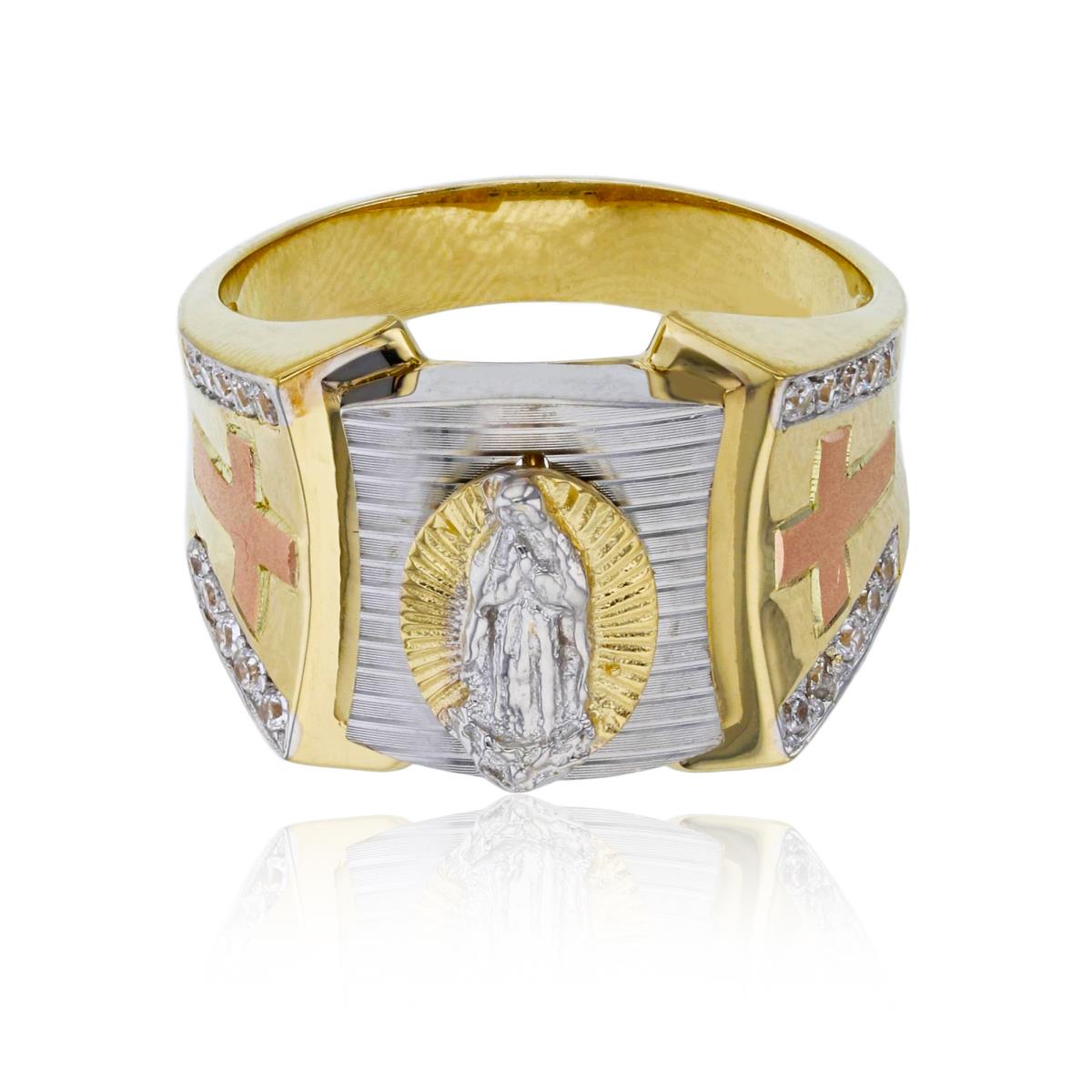 14K Gold Tricolor 17mm Virgin Mary Cross Ring