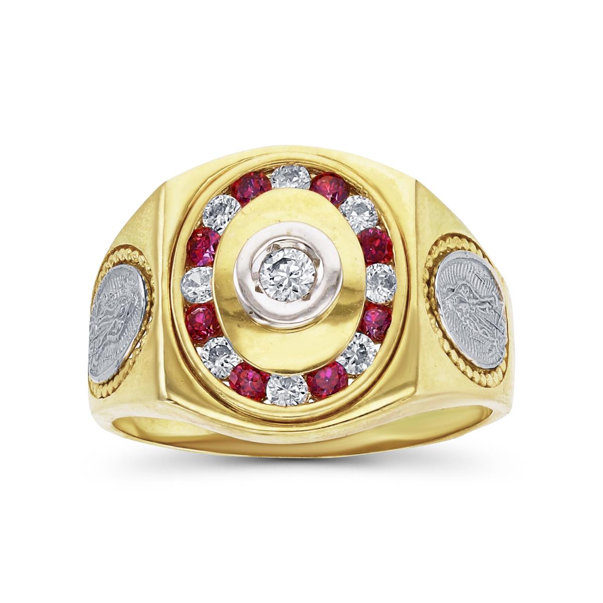 14K Gold Yellow & White 17.50mm Ruby and White Virgin Mary Ring