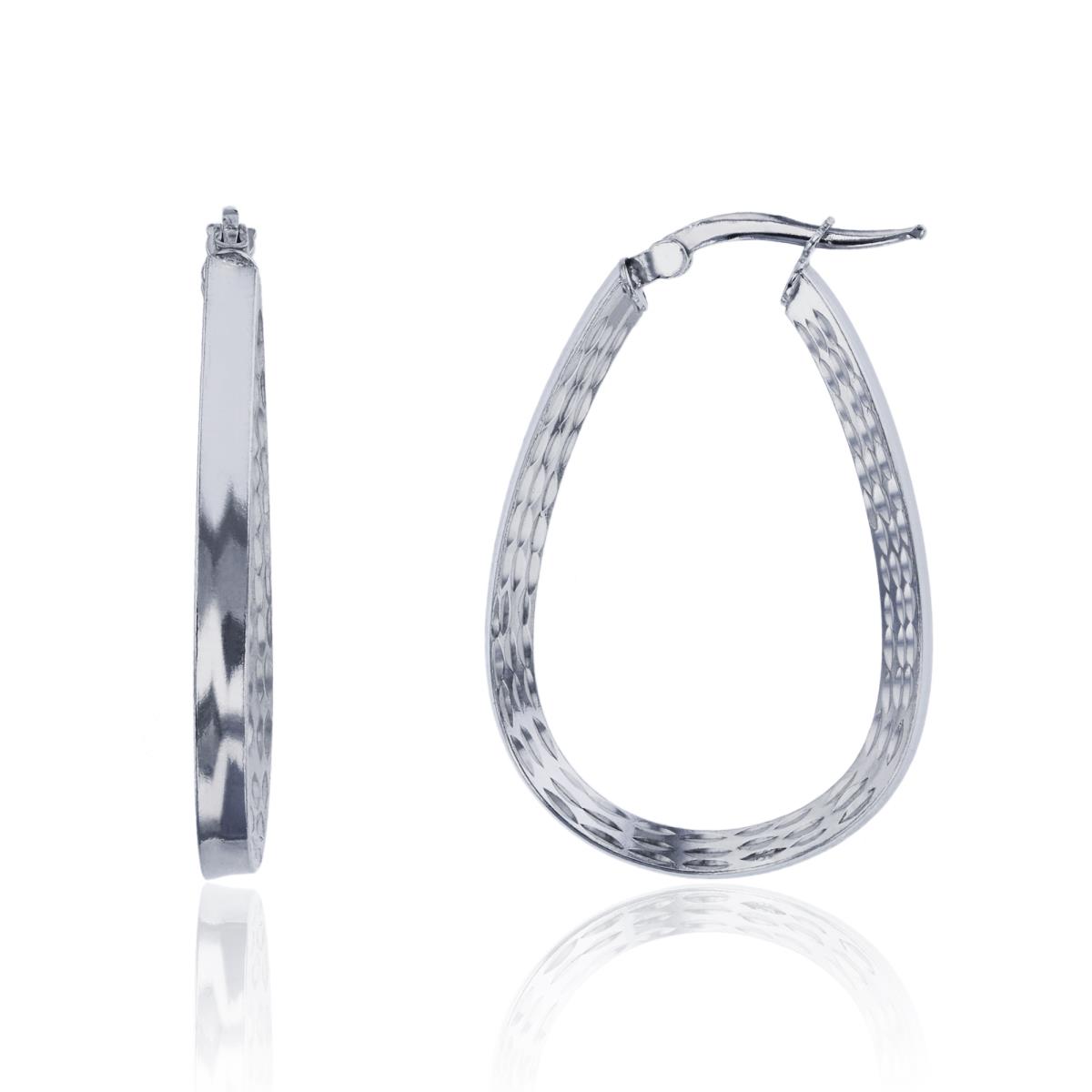 Sterling Silver Rhodium 35x3mm 3-Row Diamond Cut & Polished Pear Shaped Hoop Earring