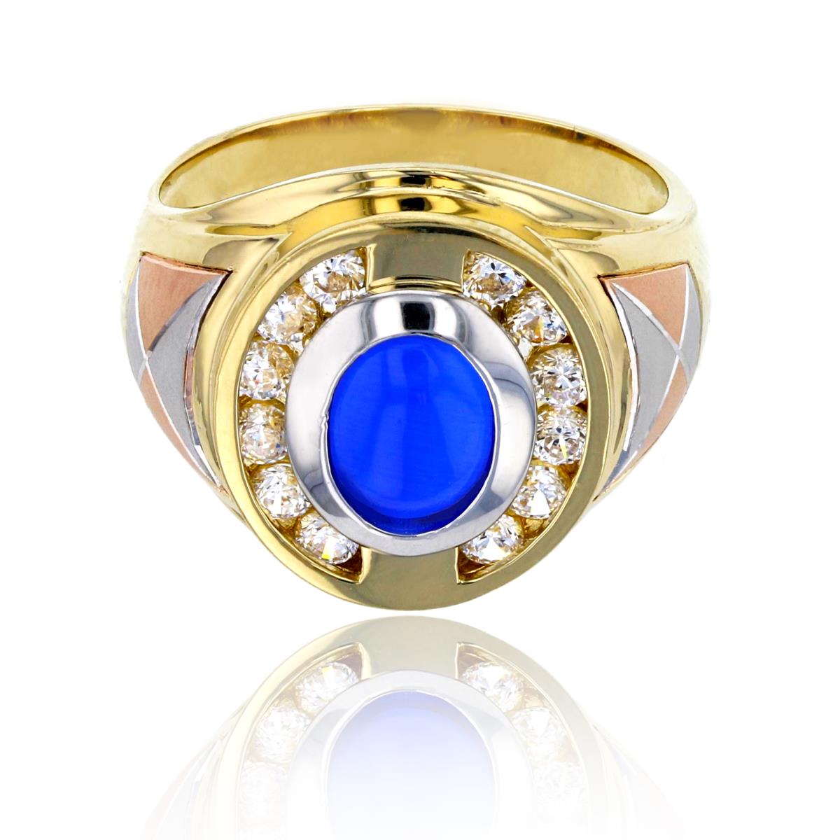 14K Tri-Color Gold 19mm Blue Oval Channel Satin Fancy Mens Ring