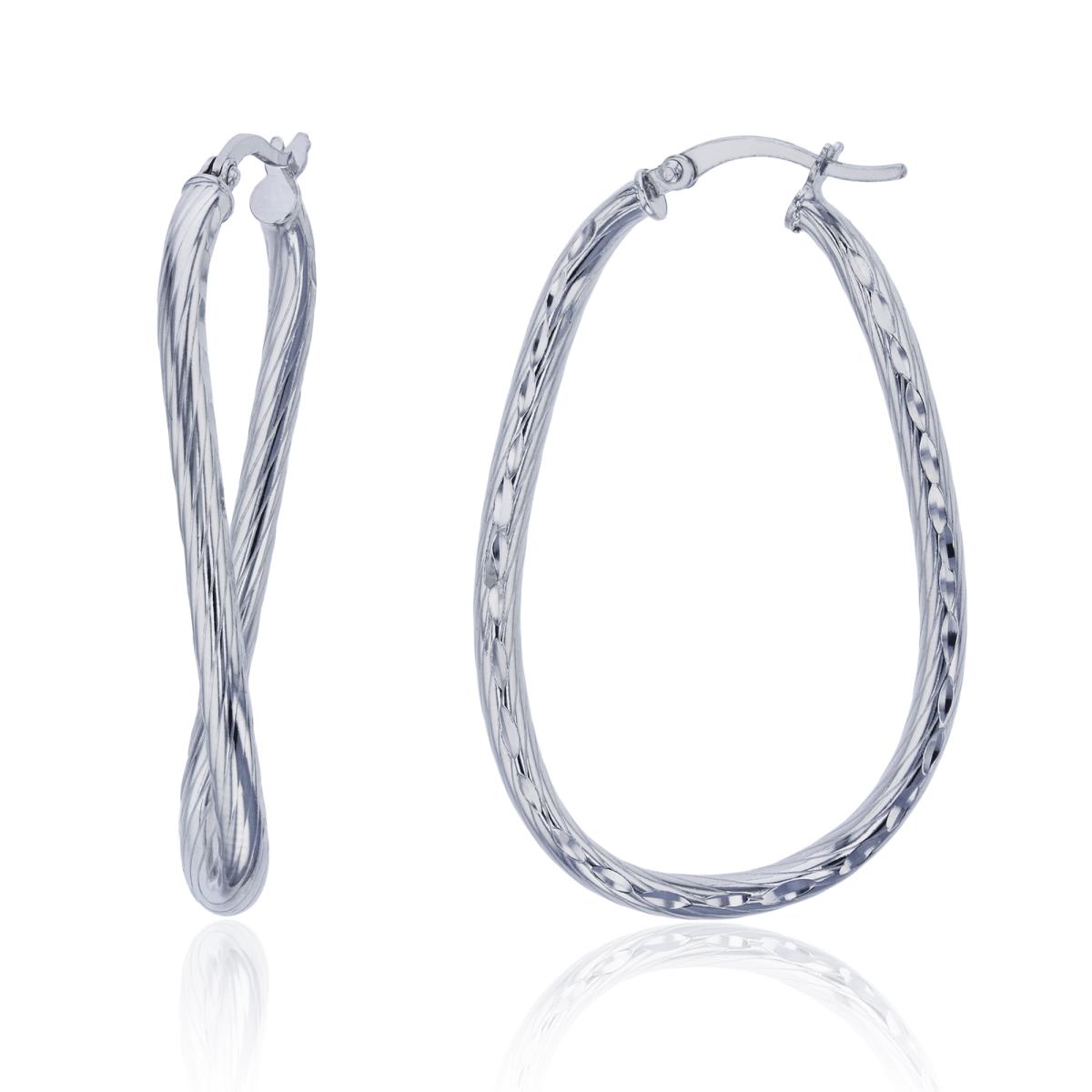 Sterling Silver Rhodium 45x3mm Polished & DC Twisted Lines Curved Hoop Earring