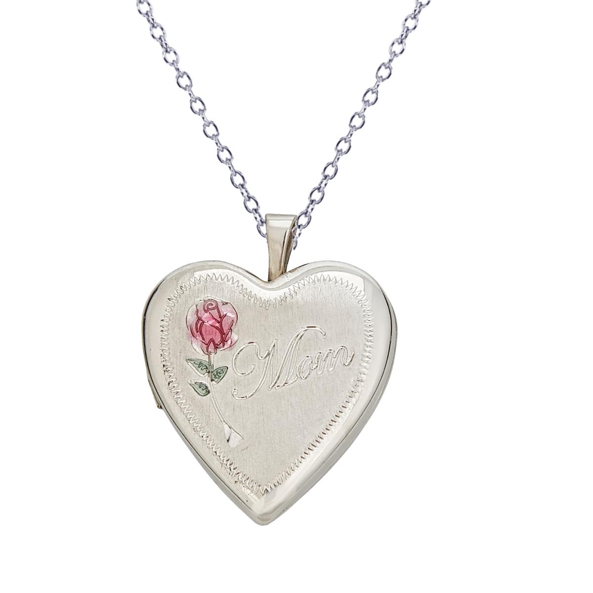 Sterling Silver Rhodium Satin Mom + Rose Heart Locket 18" DC Cable Chain Necklace