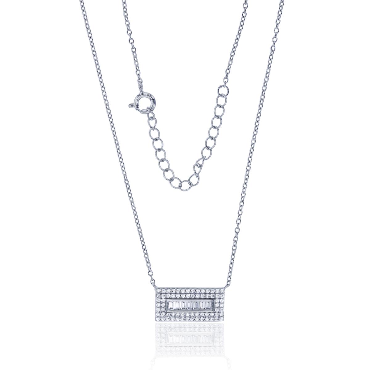 Sterling Silver Rhodium Micropave Round Cut & Baguette CZ Rectangular 18" Necklace
