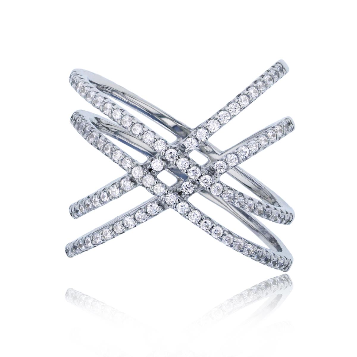 Sterling Silver Rhodium Pave 2-Row Criss Cross Fashion Ring
