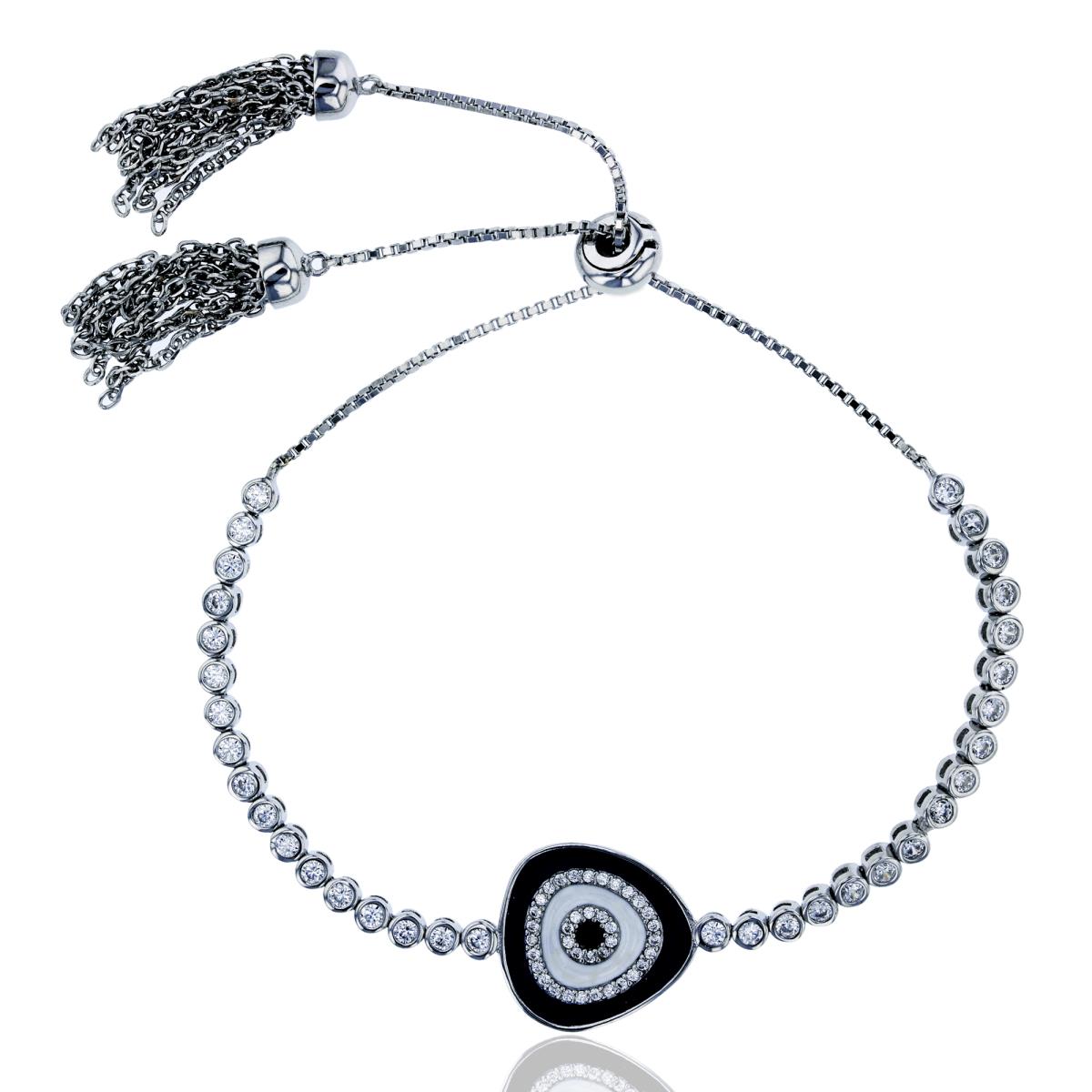 Sterling Silver Rhodium Blue, White & Black Enamel Evil Eye CZ Bezel 15mm Tassle Adjustable Bracelet