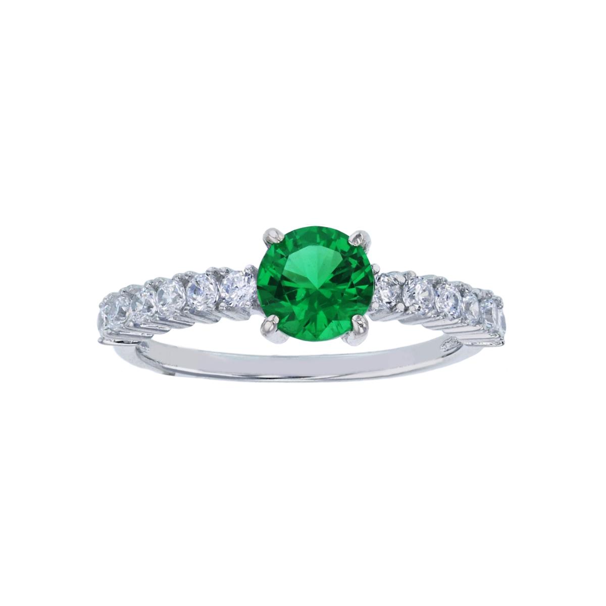 Sterling Silver Rhodium Centered 6mm Green Round & White Stone Pave Engagement Ring