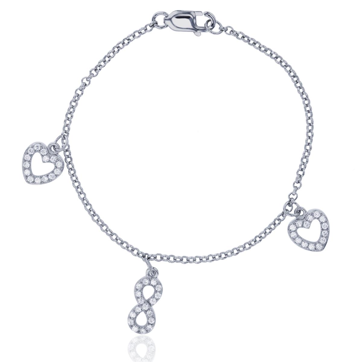 Sterling Silver Rhodium Micropave Heart & Infinity Charm 5.5" Baby Bracelet
