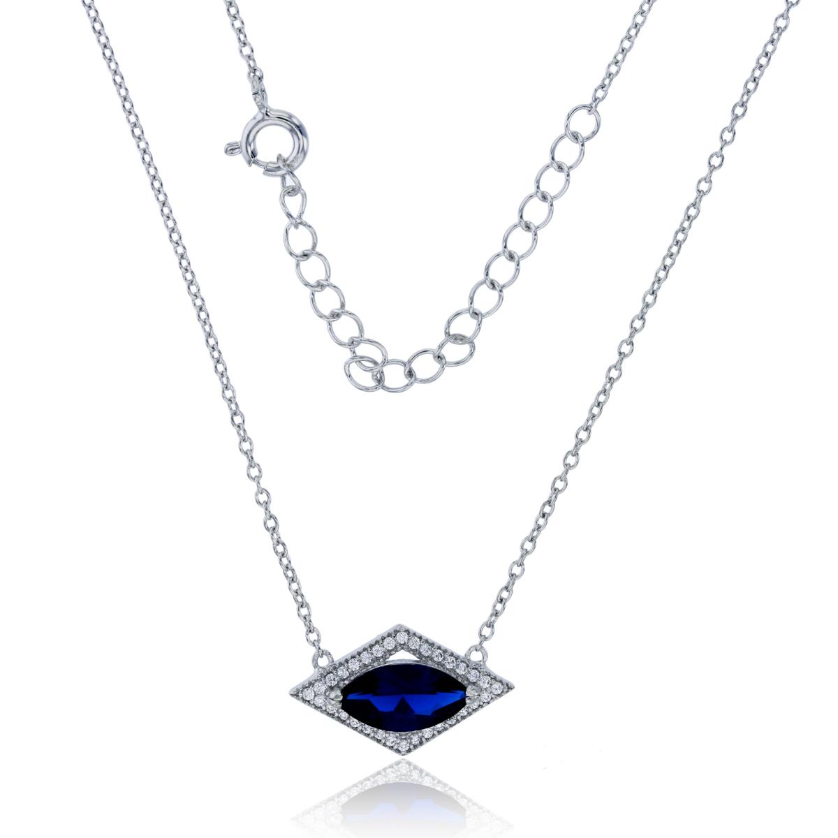 Sterling Silver Rhodium Micropave Clear & Marquise Cut Sapphire CZ Evil Eye 16"+2" Necklace