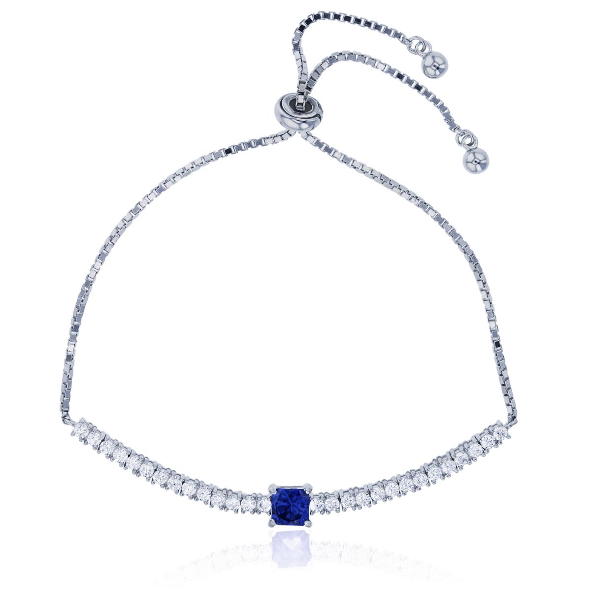 Brass Rhodium 5mm Blue Princess Solitaire Adjustable Bracelet