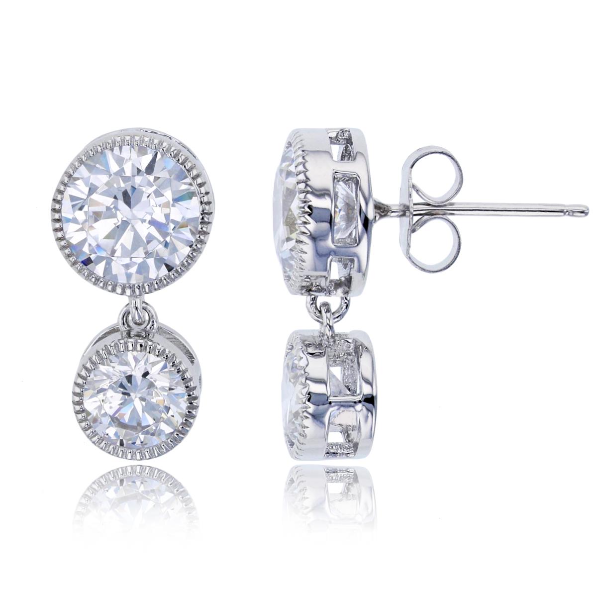 Sterling Silver Rhodium 2-Stone Round Cut CZ Milgrain Dangling Earring