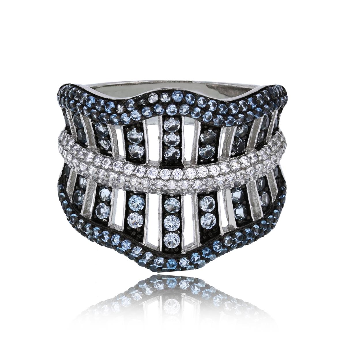 Sterling Silver Black & White Micropave Leaf Shaped Sky Blue & White CZ Fashion Ring