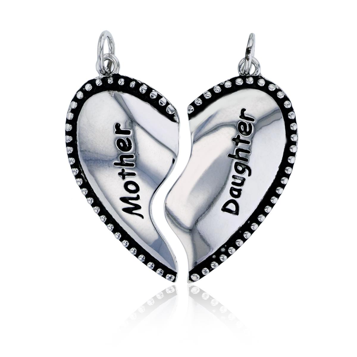 Sterling Silver Rhodium "Mother" & "Daughter" Engraved Broken Heart Pendant