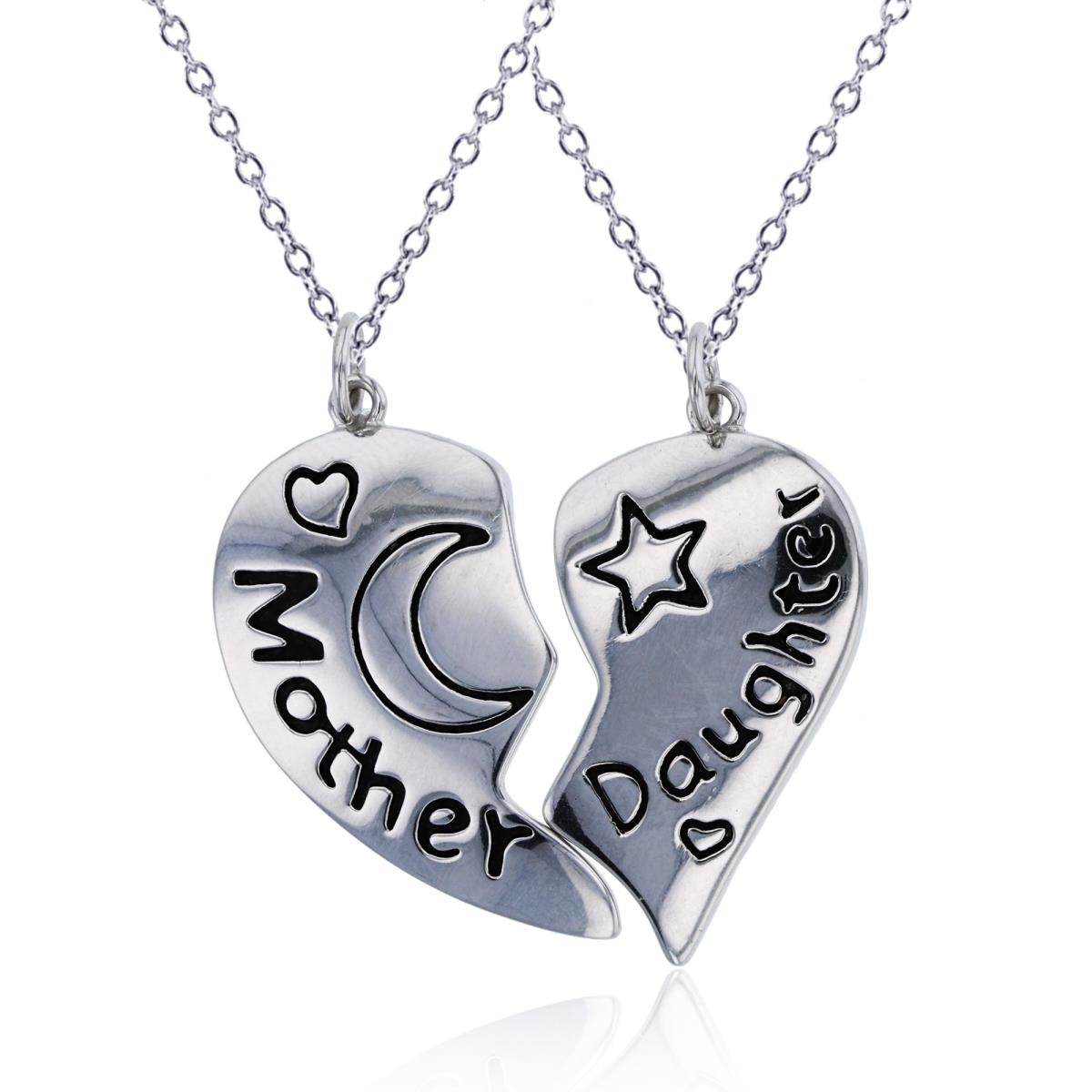Sterling Silver Rhodium "Mother" & "Daughter" Engraved Moon & Star Broken Heart Pendant