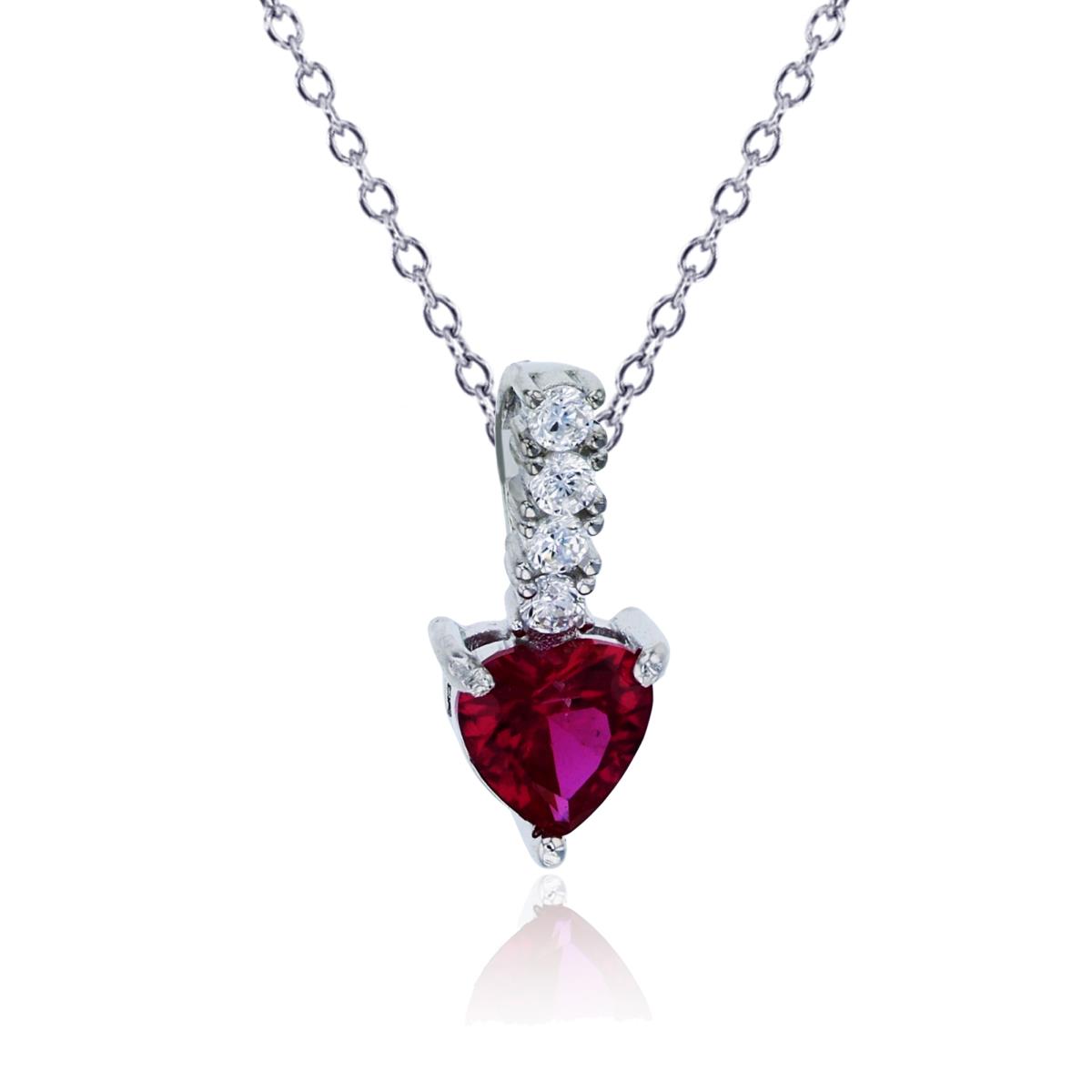 Sterling Silver Rhodium 6mm Ruby Heart Drop 18" Necklace
