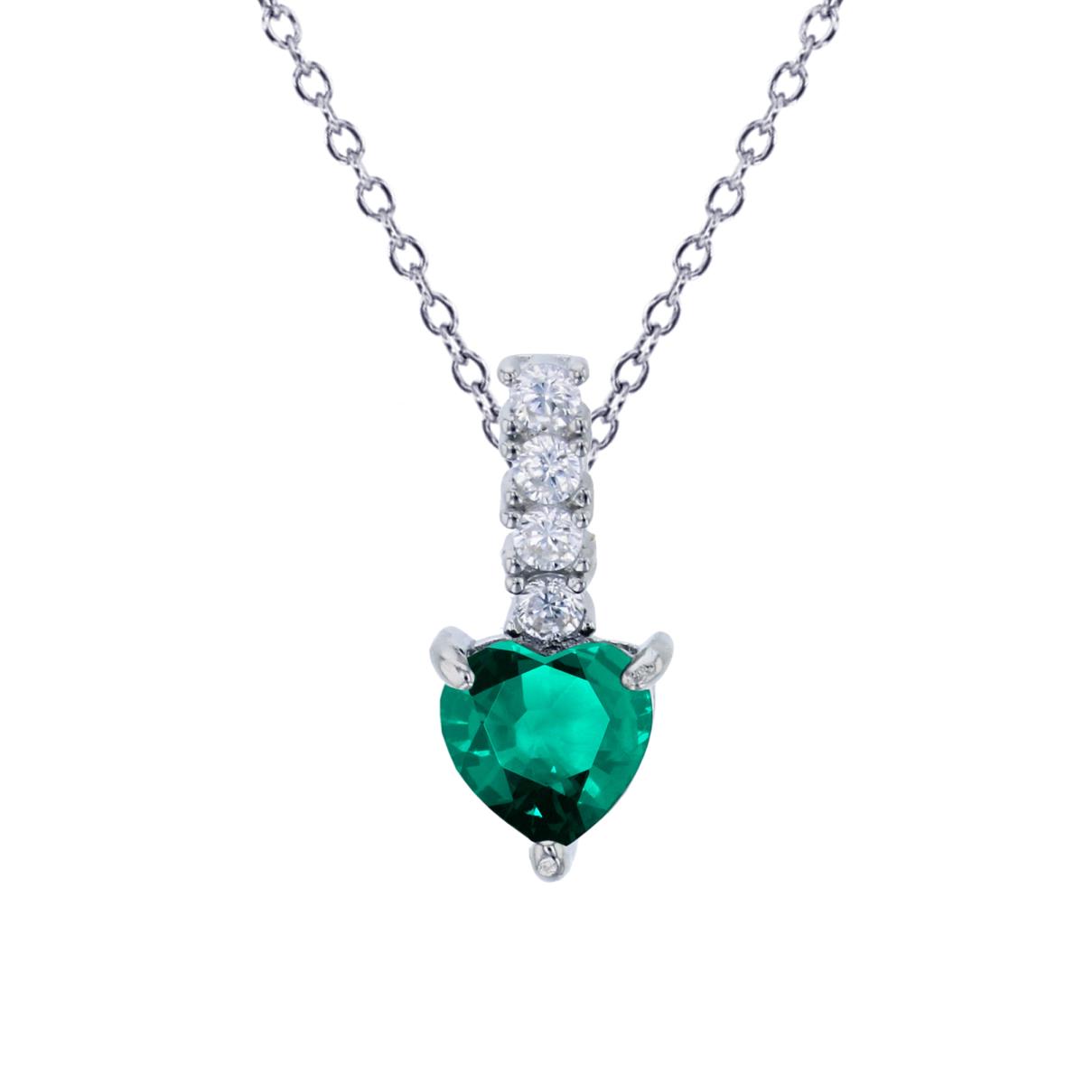 Sterling Silver Rhodium 6mm Green Heart Drop 18" Necklace