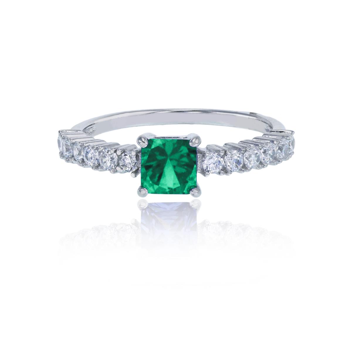 Sterling Silver Rhodium Centered 5mm Green Princess Cut & White Stone Pave Eng Ring
