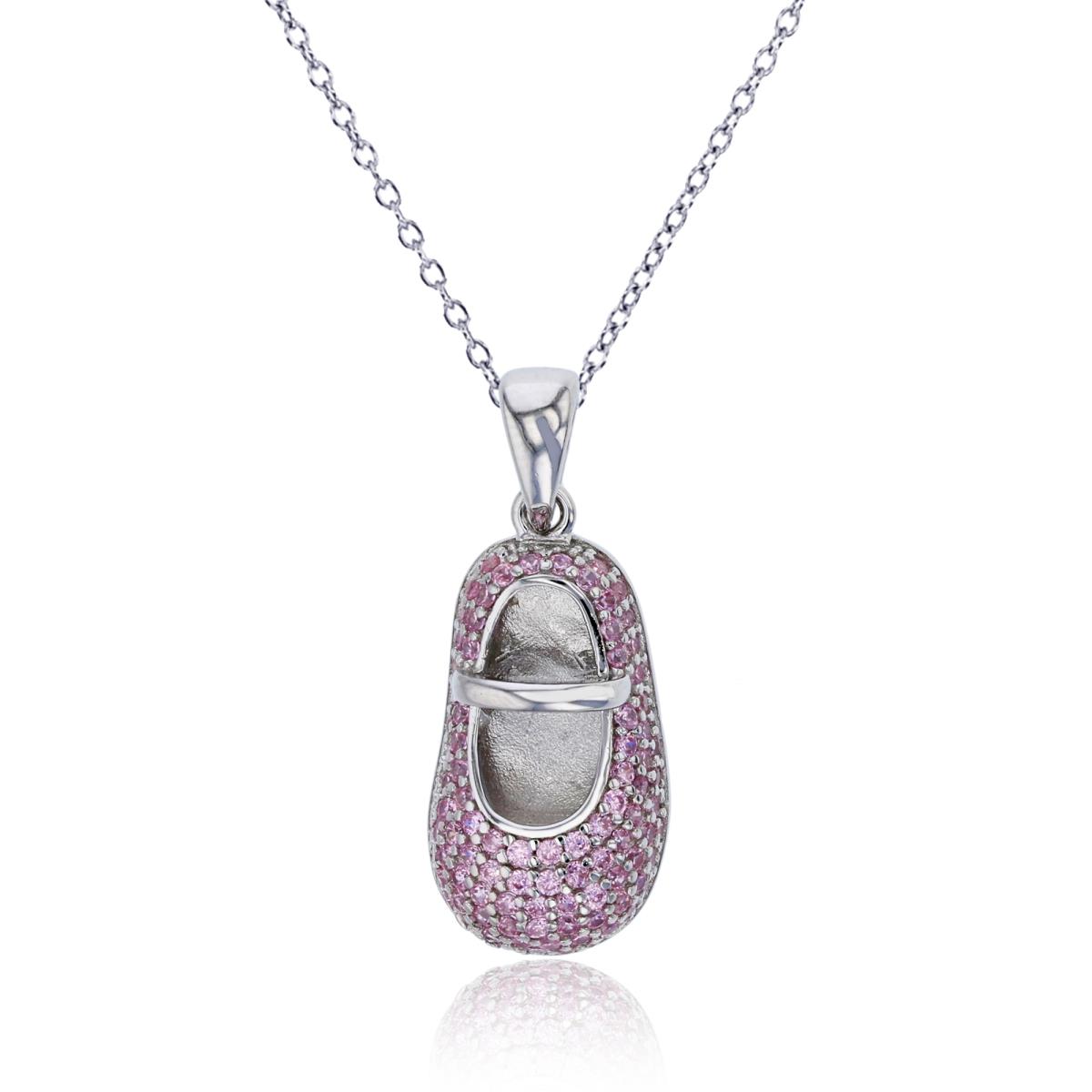 Sterling Silver Rhodium Pink CZ Micropave Shoe Dangling 18" Necklace