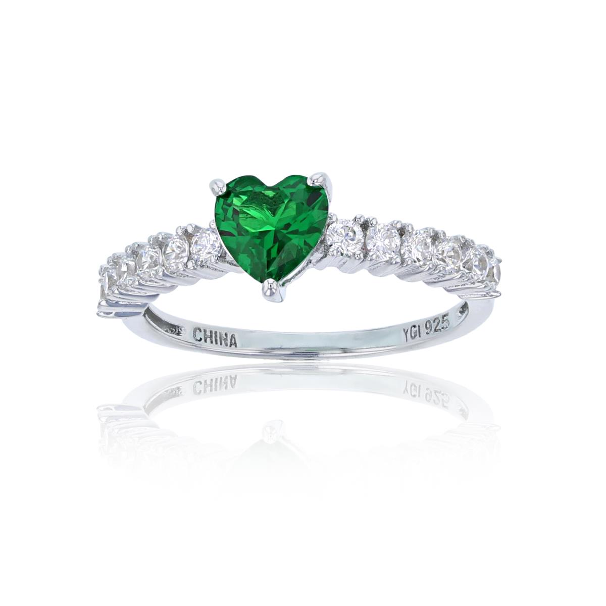 Sterling Silver Rhodium Centered 6mm Green Heart & White Stone Pave Eng Ring