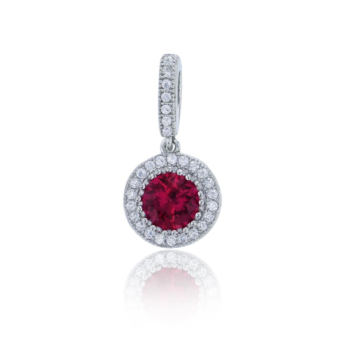Sterling Silver Rhodium 5.50mm Round Red Ruby Bezel Halo Pendant