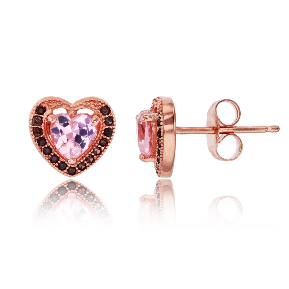 Sterling Silver Rose 5mm Heart Halo Pink & Brown 9x9mm Pave Stud Earring