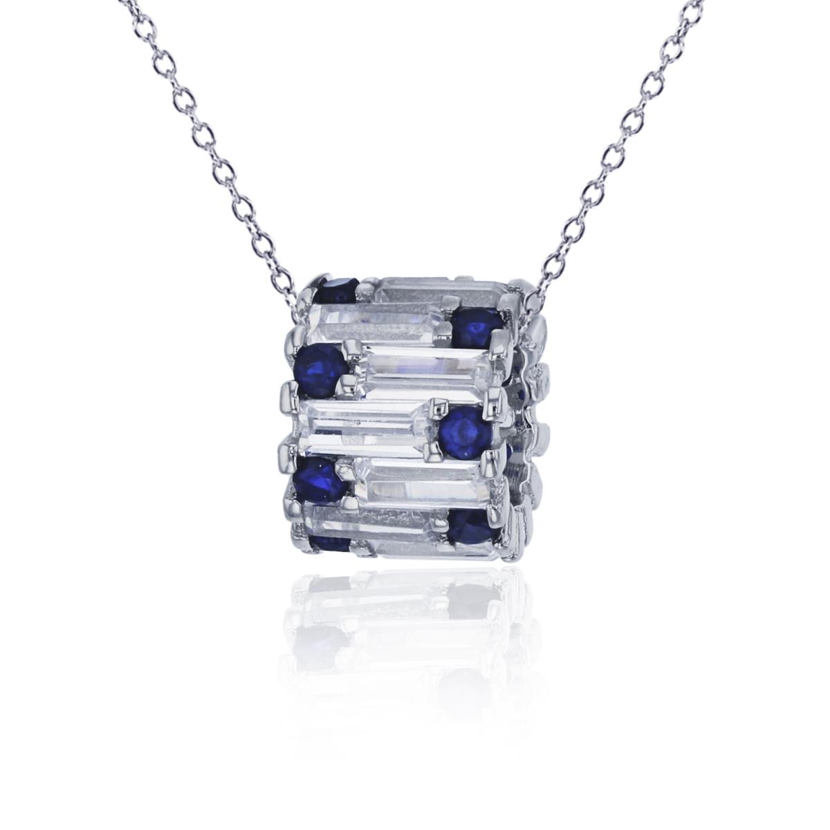 Sterling Silver Rhodium White Baguette & Sapphire Round CZ Ring 18" Necklace
