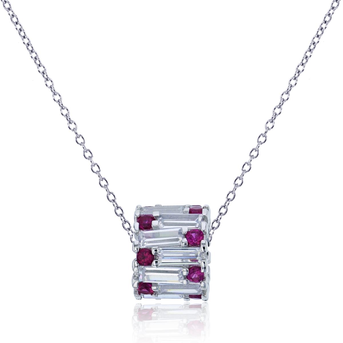 Sterling Silver Rhodium White Baguette & Ruby Round CZ Ring 18" Necklace