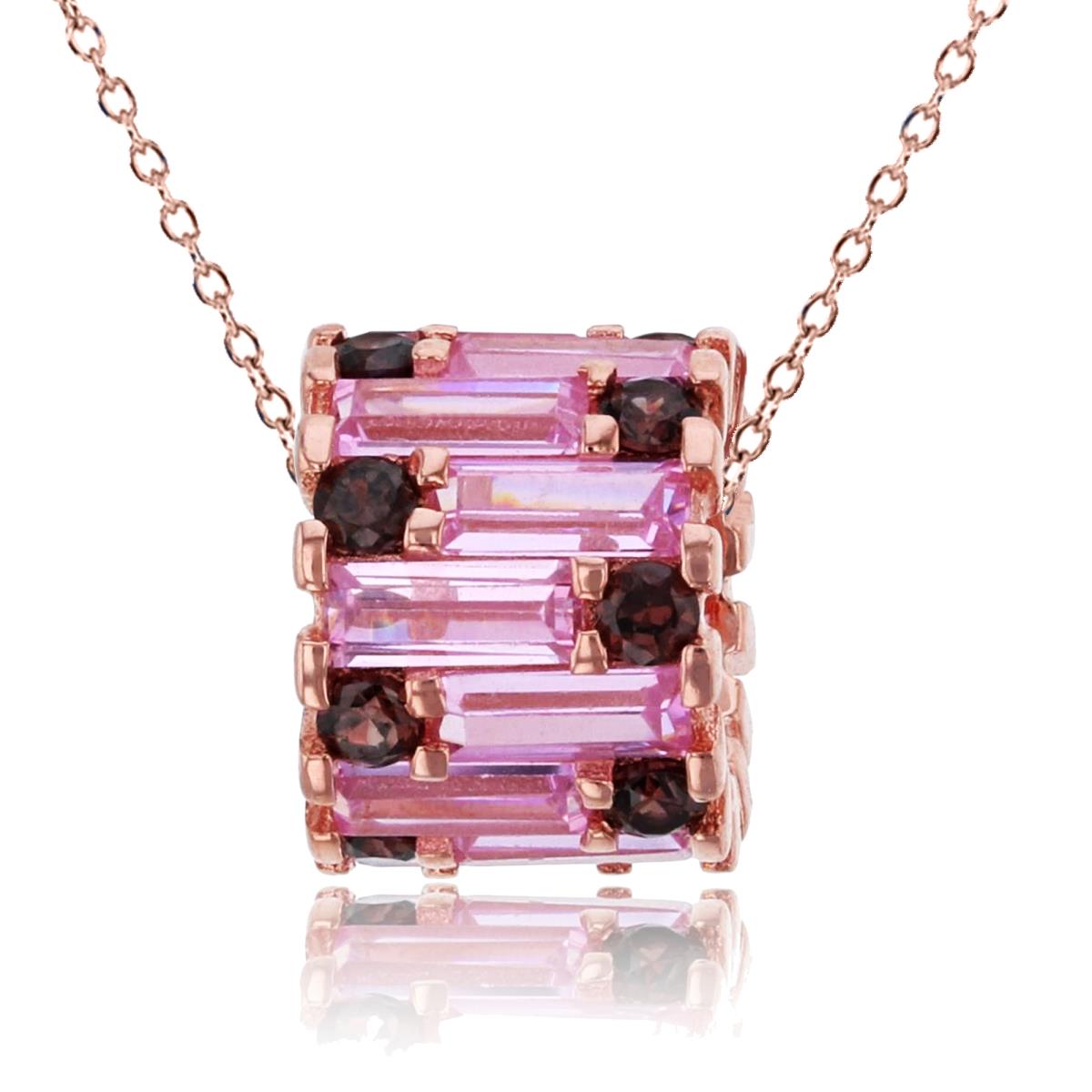 Sterling Silver Rose Pink Baguette & Brown Round CZ Ring 18" Necklace