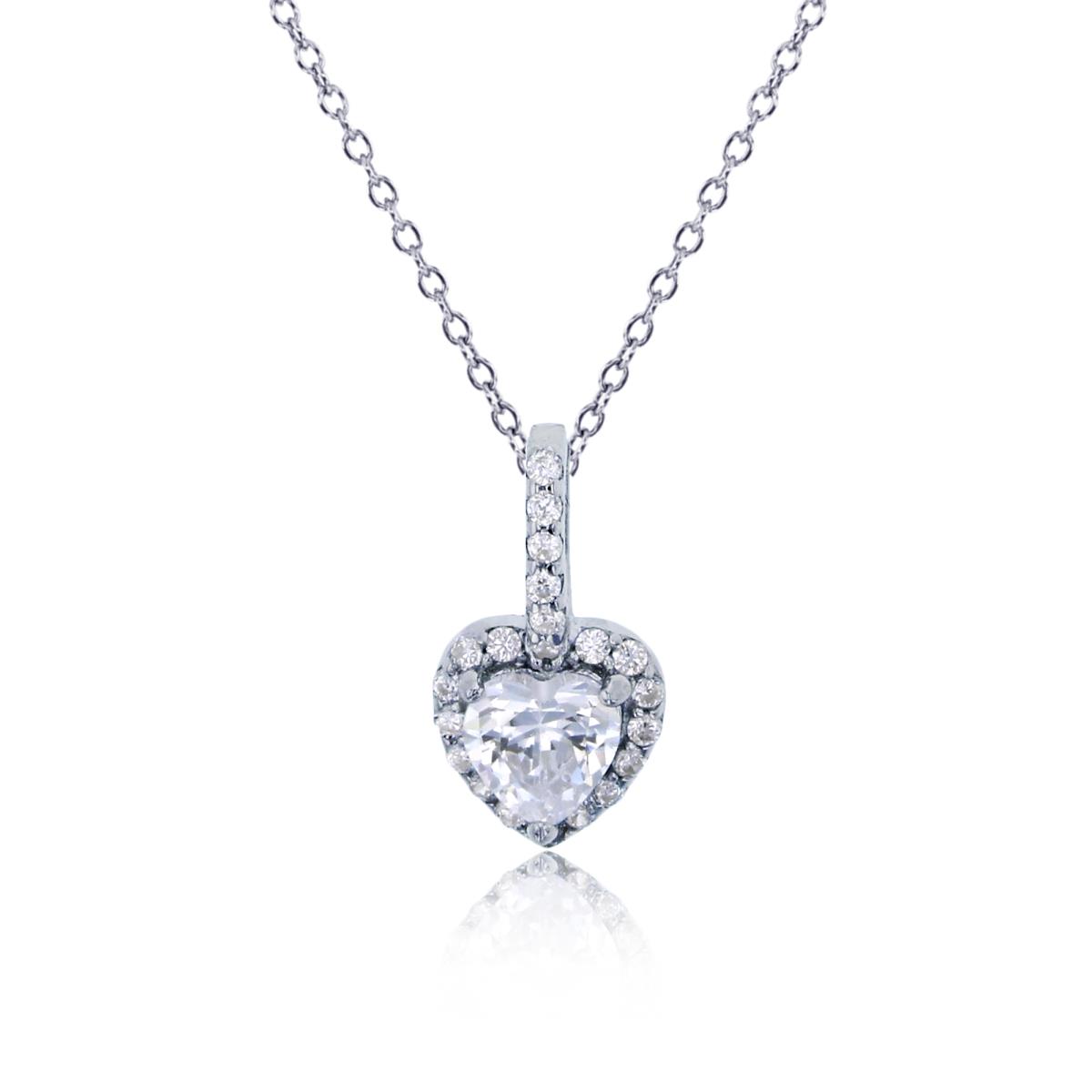 Sterling Silver Rhodium 13x7mm Petite Heart Halo 13"+2" Necklace