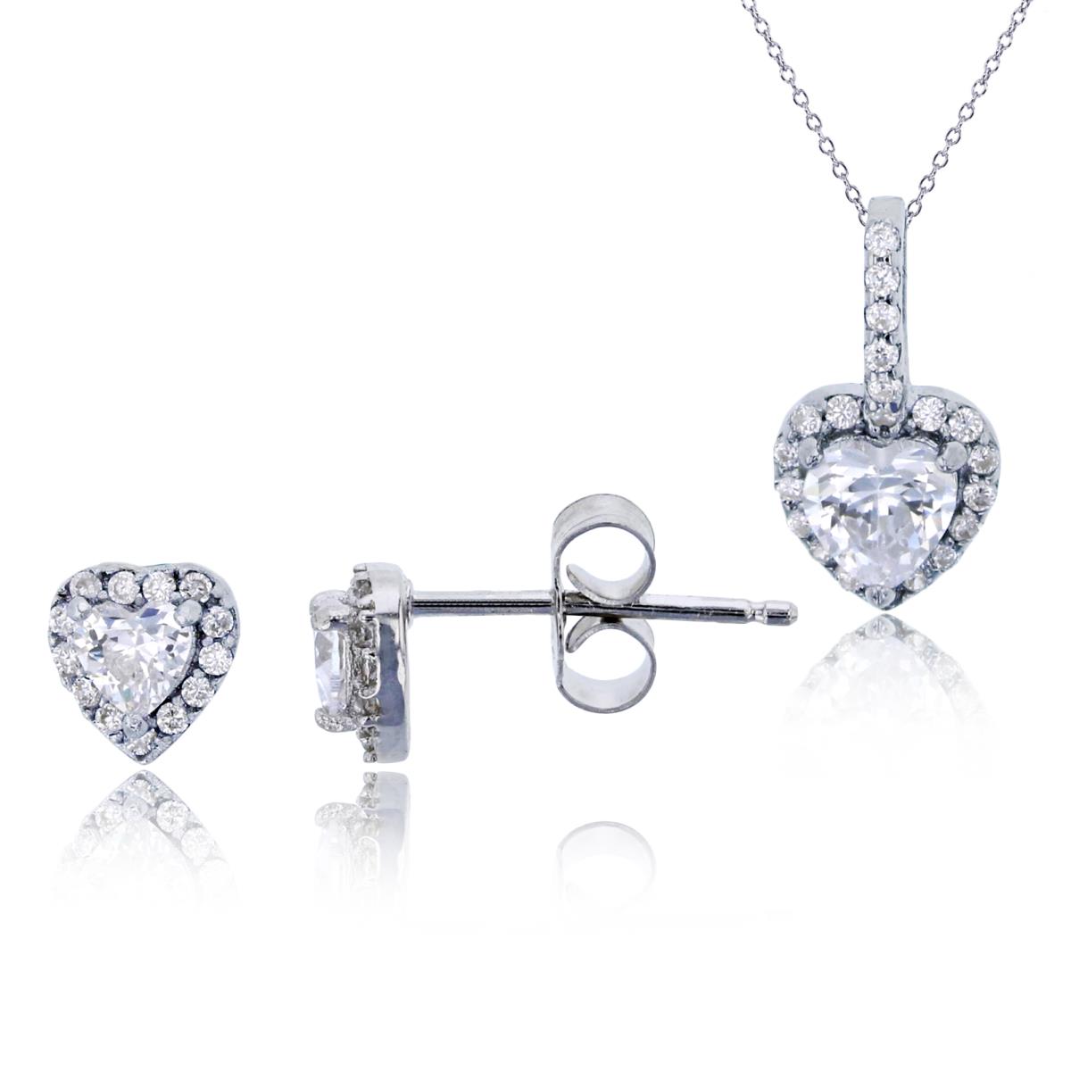 Sterling Silver Rhodium Petite Heart Halo 13"+2" Necklace & Stud Earrings Set