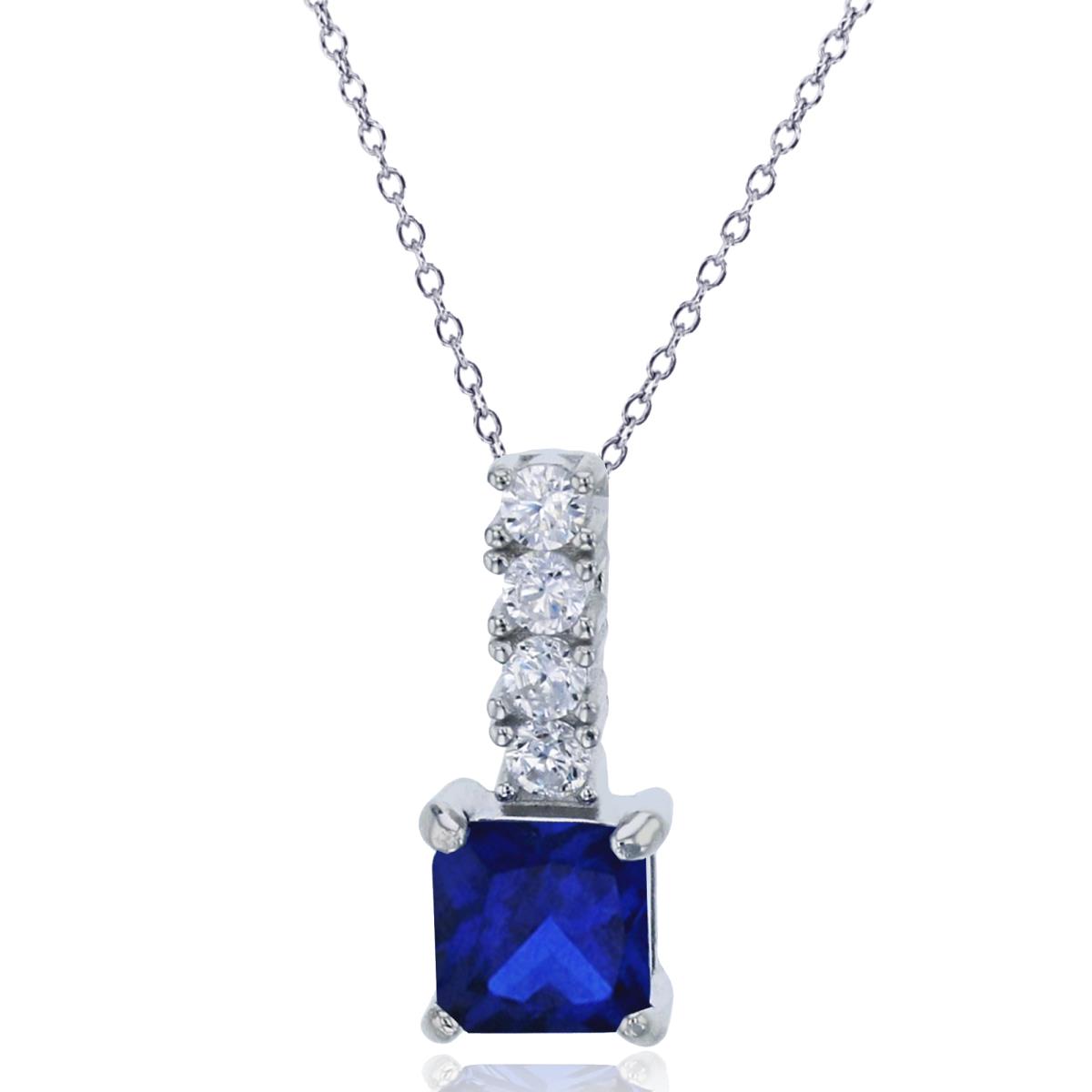 Sterling Silver Rhodium 5MM Sapphire Blue Princess Drop 18" Necklace