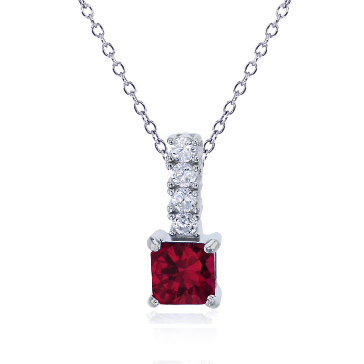 Sterling Silver Rhodium 5MM Ruby Princess Drop 18" Necklace