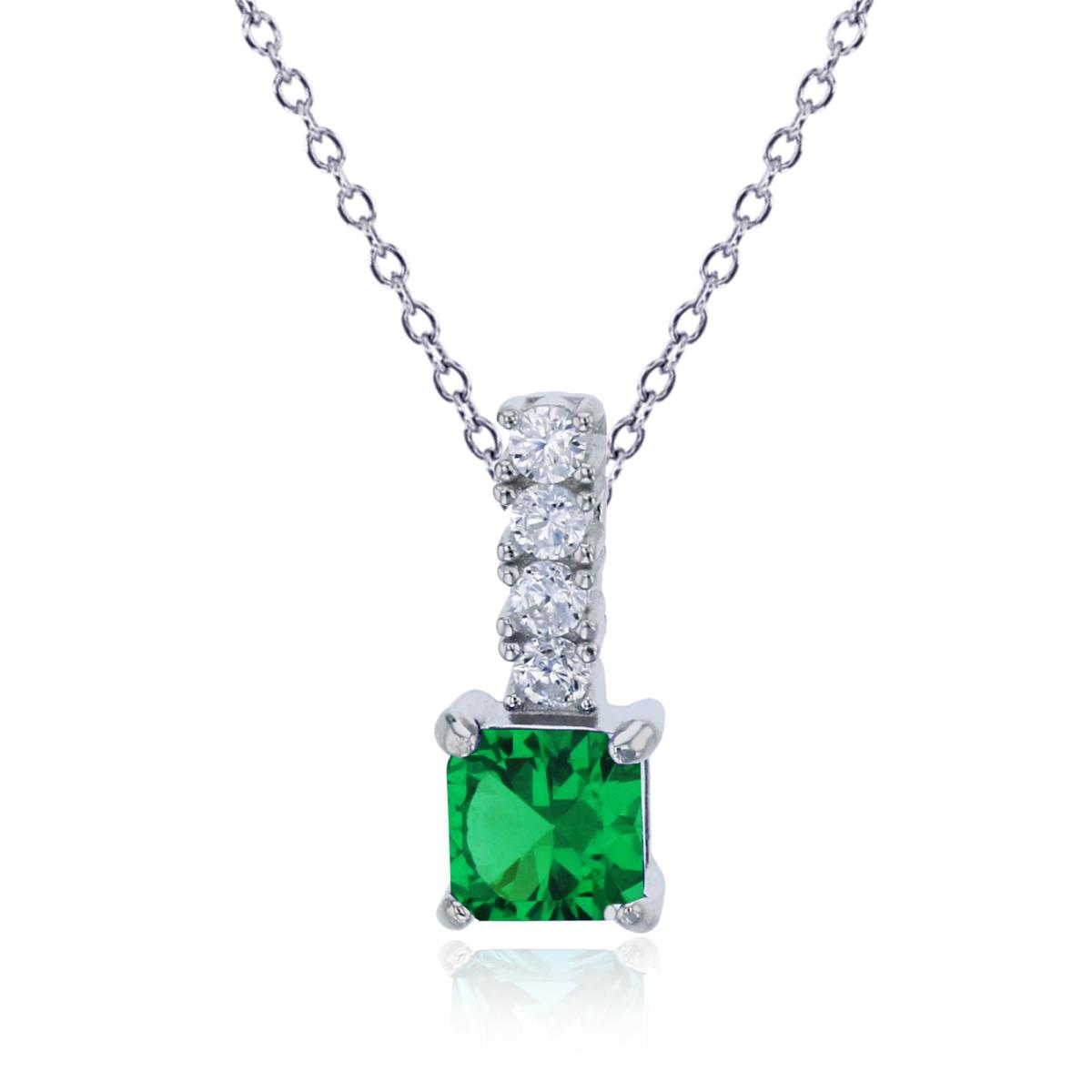 Sterling Silver Rhodium 5MM Green Emerald Princess Drop 18" Necklace