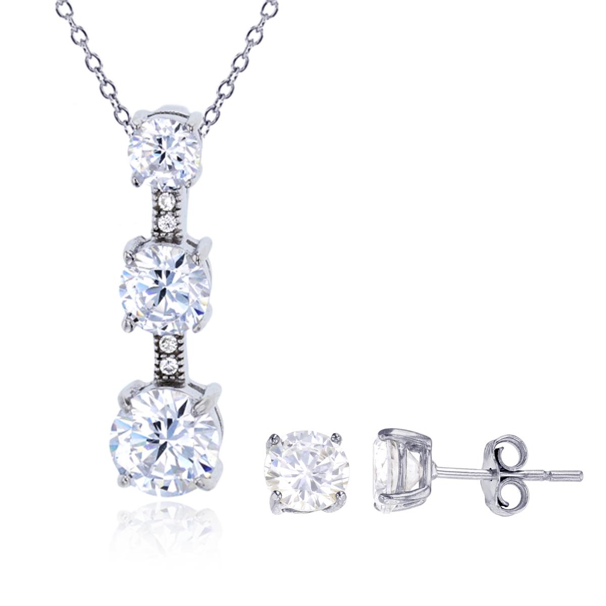 Sterling Silver Rhodium Rd Cut Graduated 18"+2" Necklace & 6.00mm Solitaire Stud Earring Set