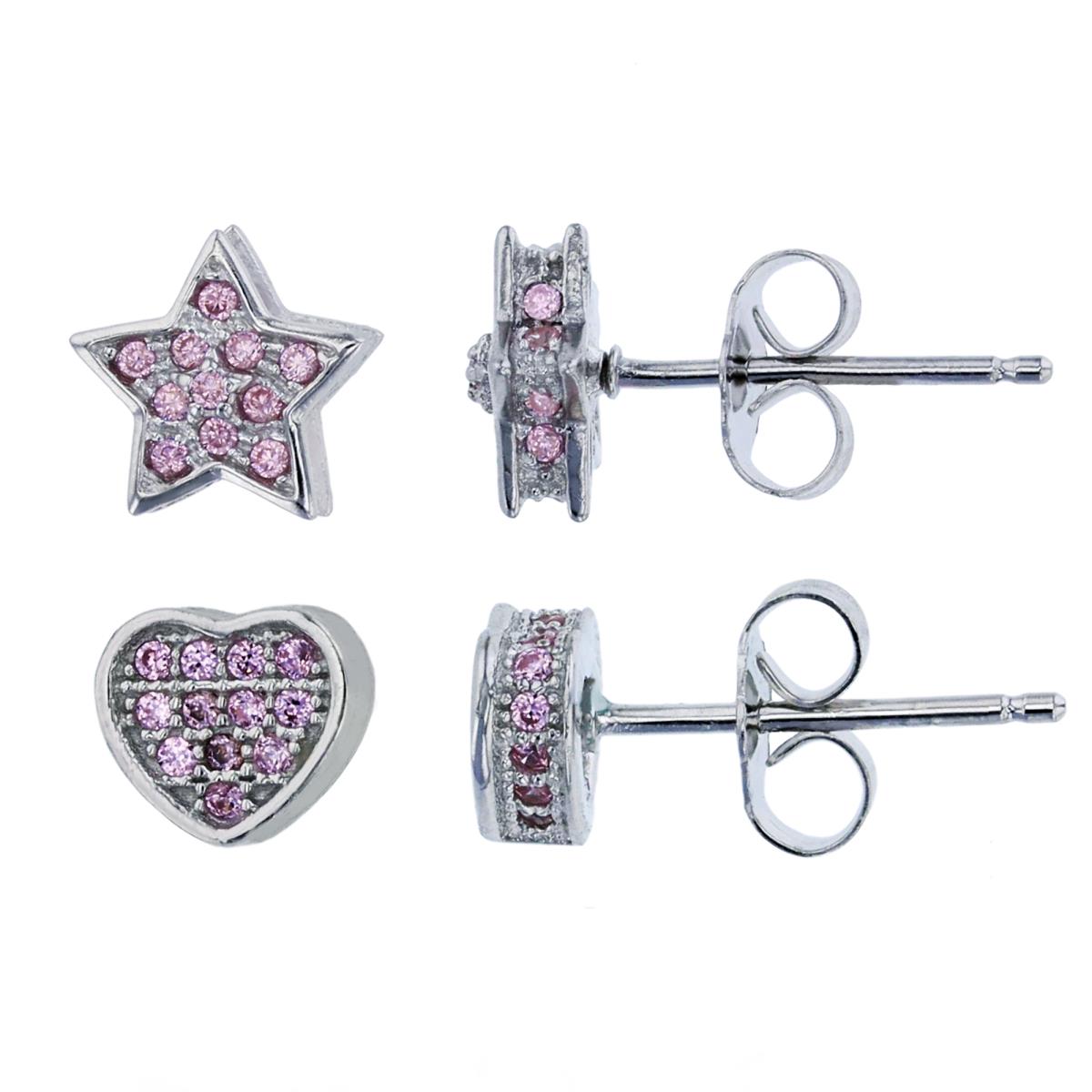 Sterling Silver Rhodium Pave White, Pink & Sapphire Blue CZ Star Stud Earring Set