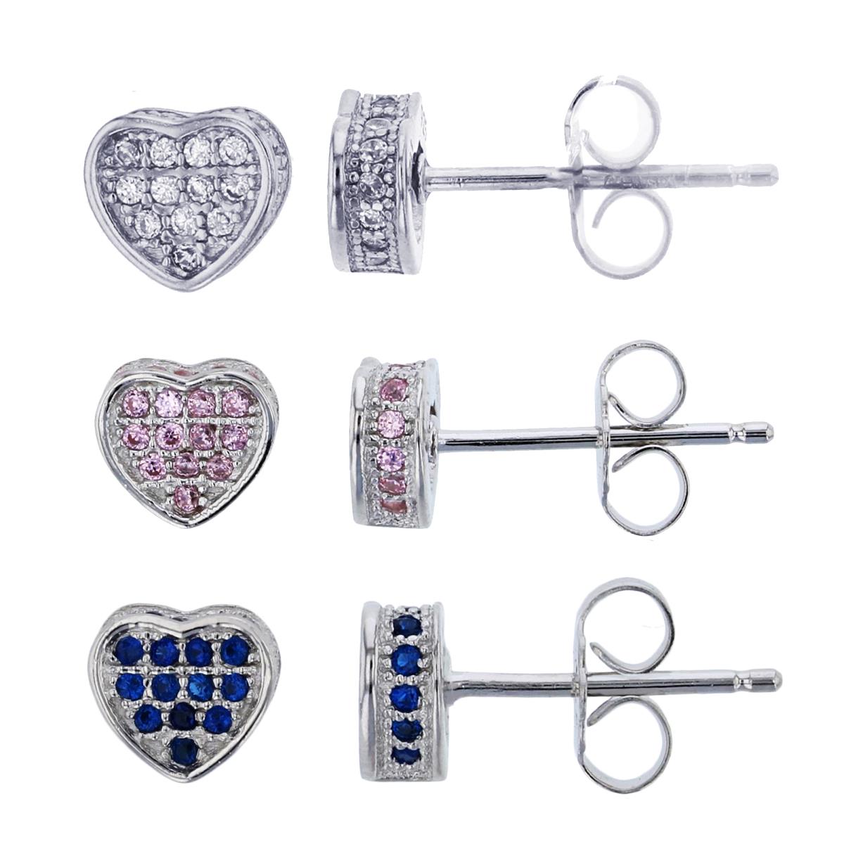 Sterling Silver Micropave White, Pink & Blue CZ 3D Heart Stud Earring Set