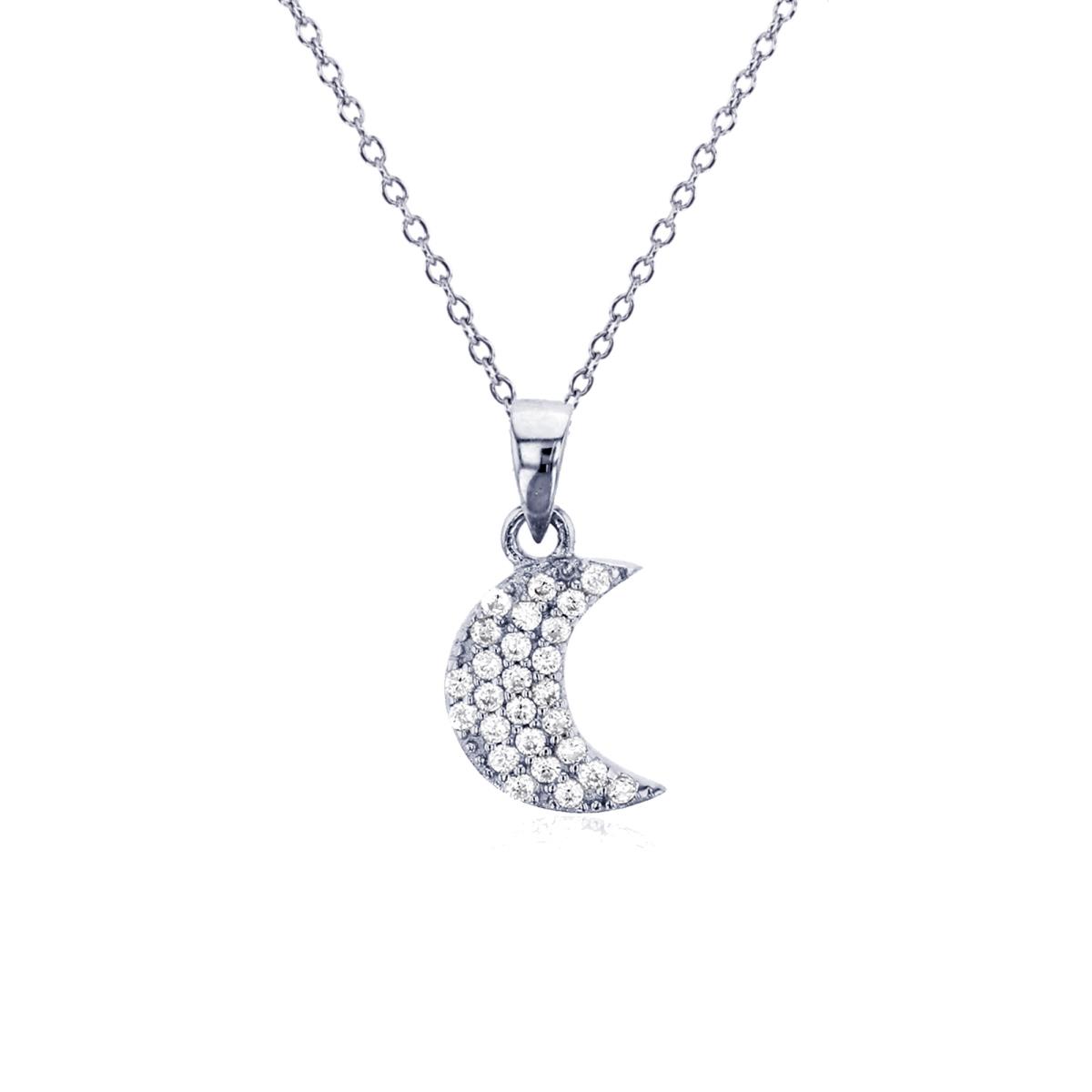 Sterling Silver Rhodium Micropave Crescent Moon 18" Necklace