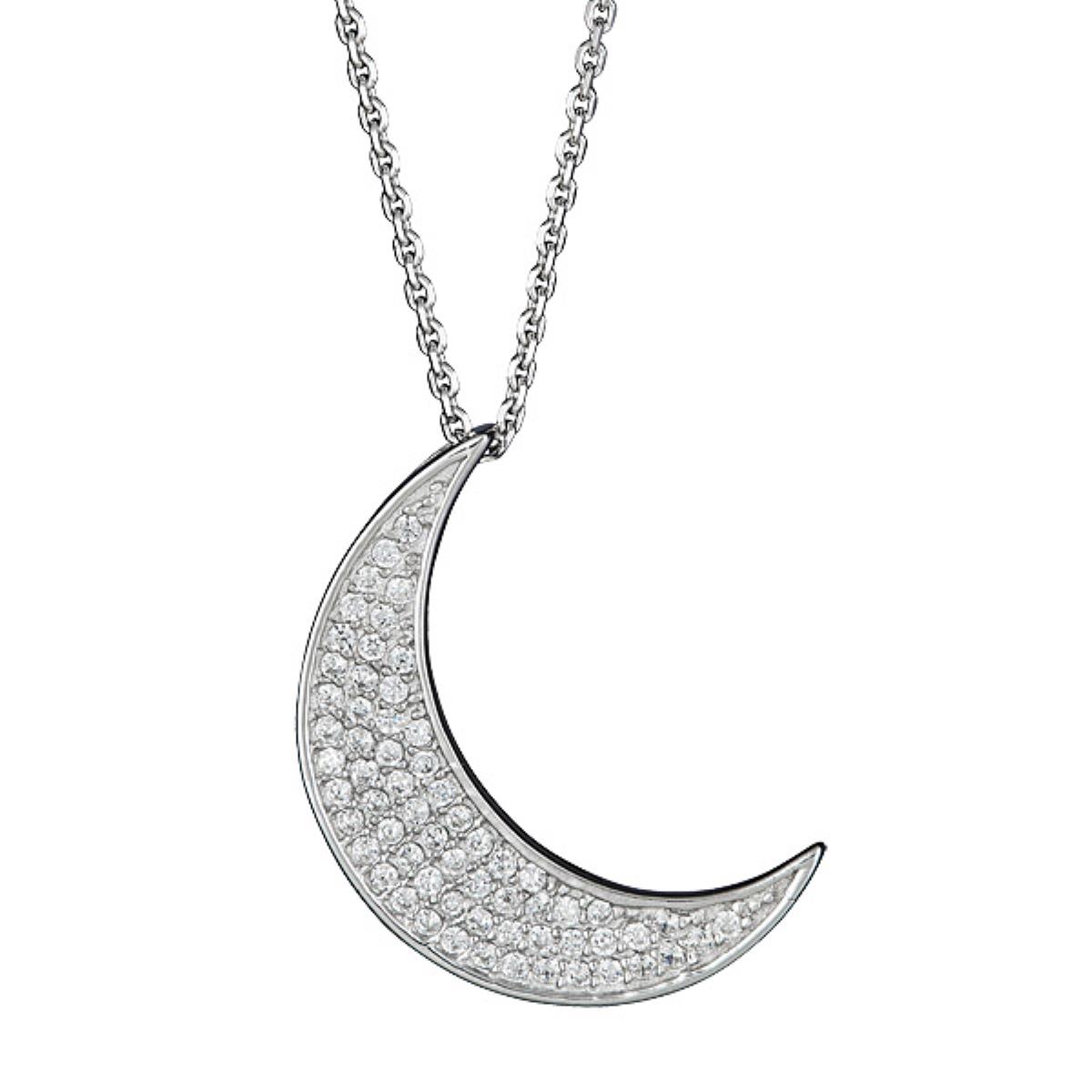 Sterling Silver Rhodium Micropave Moon 18" Necklace