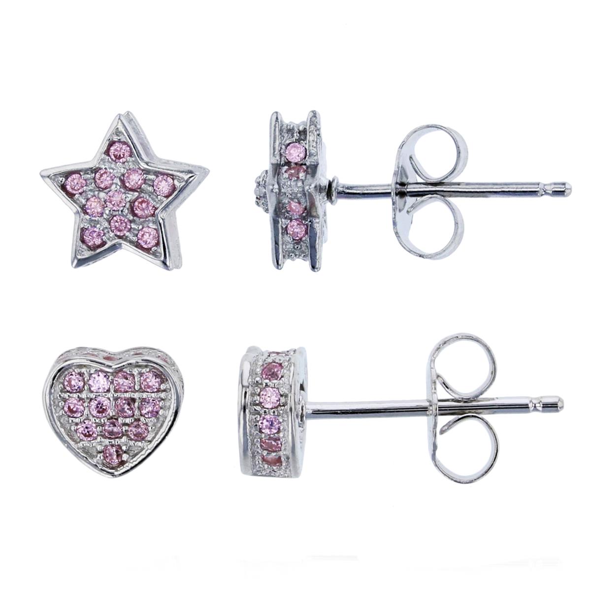 Sterling Silver Rhodium Pave Pink CZ Star & 3D Heart Stud Earing Set