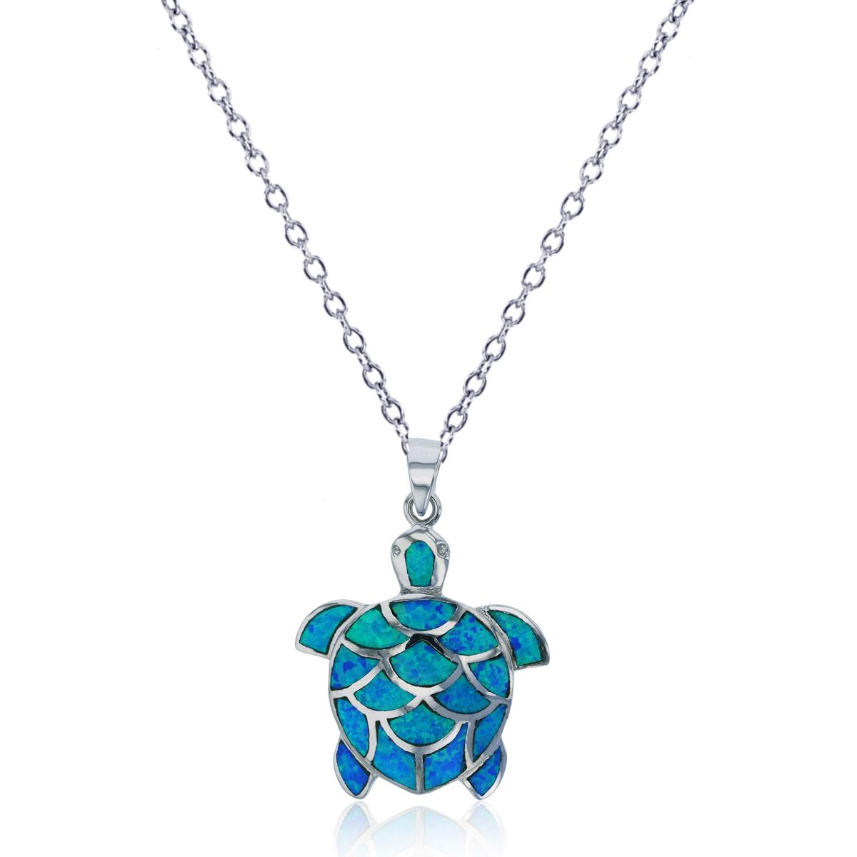 Sterling Silver Rhodium Created Blue Opal Turtle Dangling 16