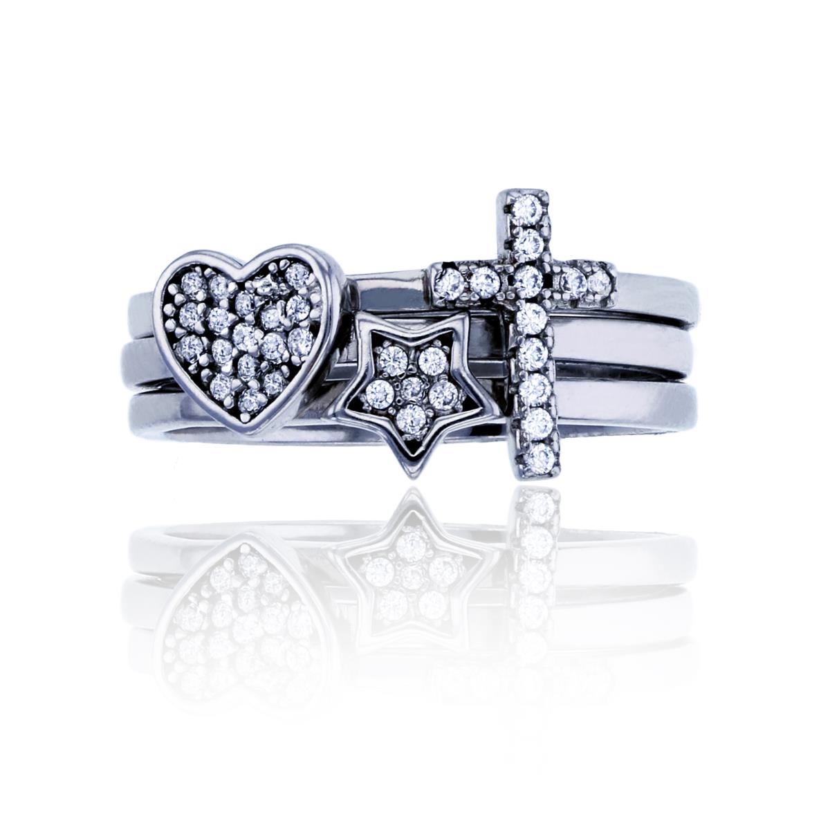 Sterling Silver Rhodium 10mm Micropave Star, Heart and Cross Stack Ring