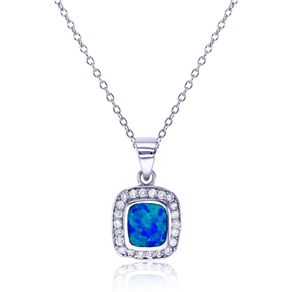 Sterling Silver Rhodium Created Blue Opal & White CZ Square Halo 18" Necklace