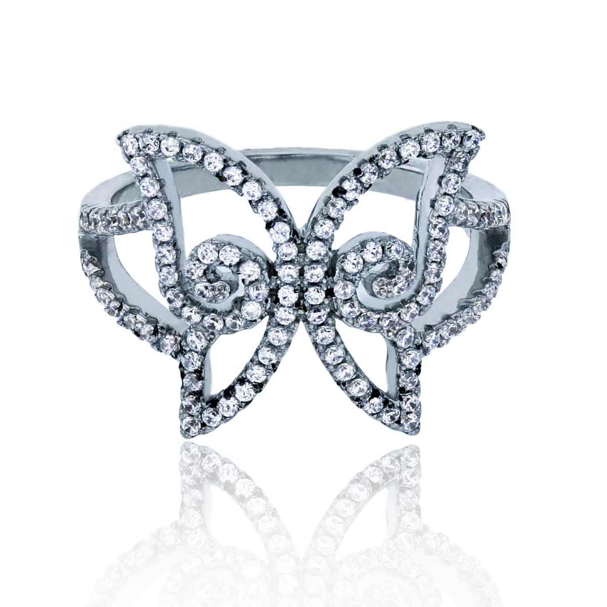 Sterling Silver Rhodium Micropave Butterfly Fashion 15mm Polished Ring
