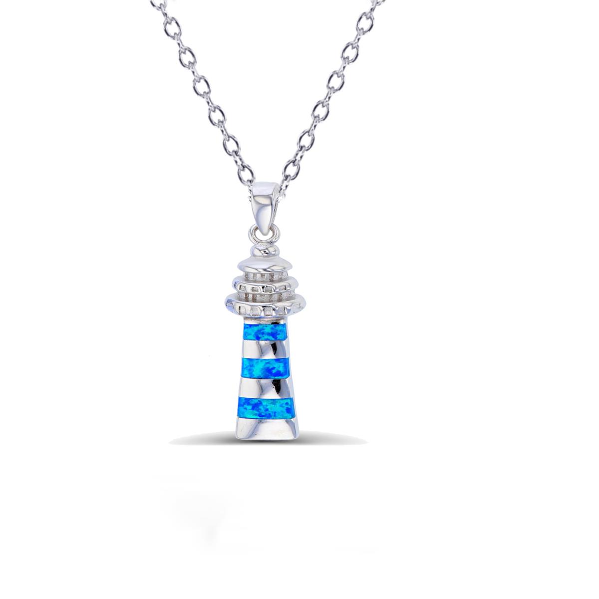 Sterling Silver Rhodium Created Opal Lighthouse 18