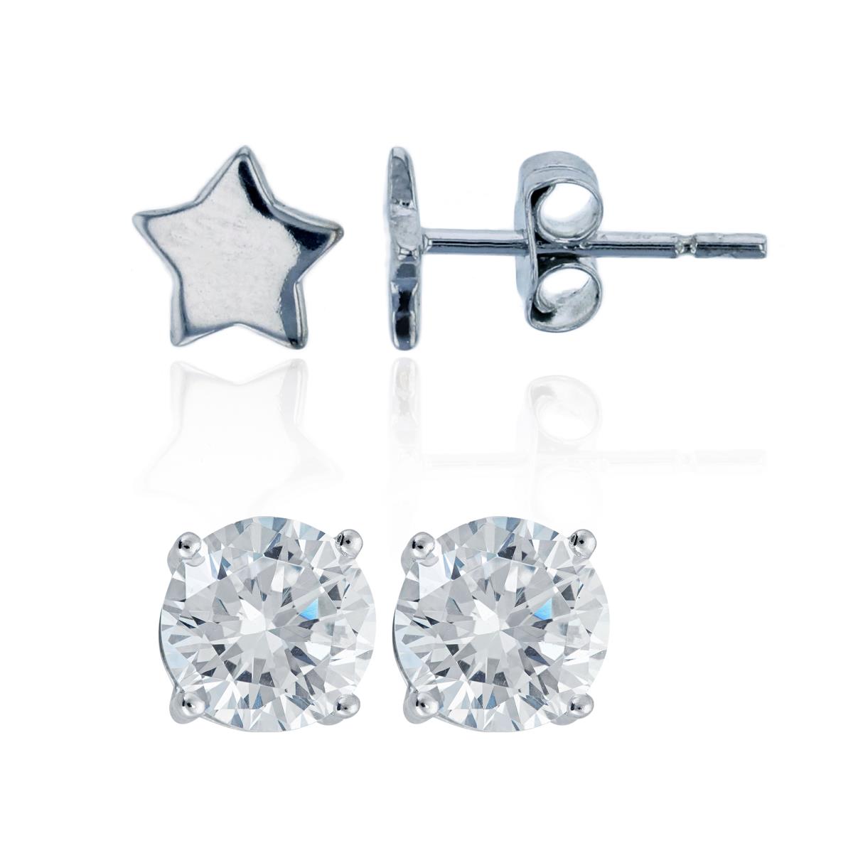Sterling Silver Rhodium 5x6mm Polished Flat Star & 4mm Round Solitaire CZ Stud Earring Set