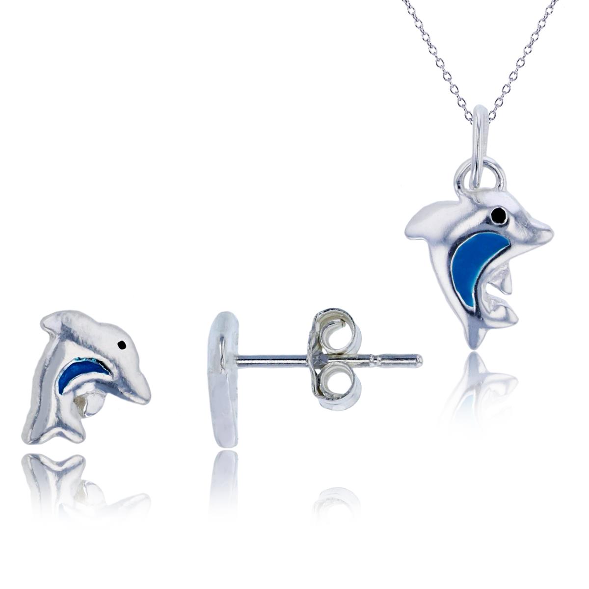 Sterling Silver Rhodium Enamel Dolphin 13"+2" Necklace & Stud Earrings Set