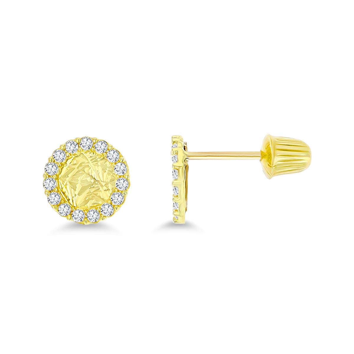 14K Yellow Gold Diamond Cut Base Pave Circle Halo Screw-Back Stud Earring