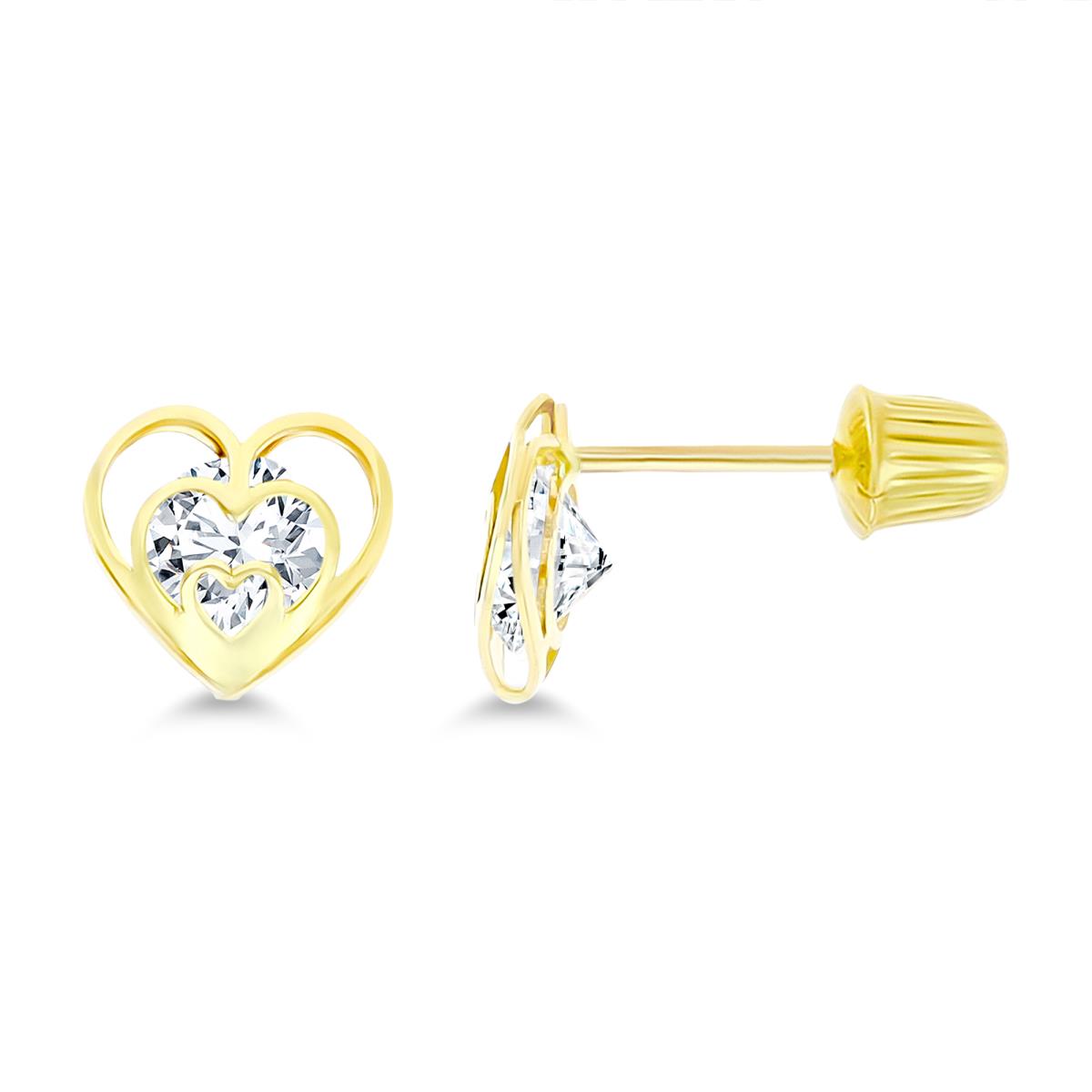 14K Yellow Gold Solitaire CZ Polished Heart Screw-Back Stud Earring