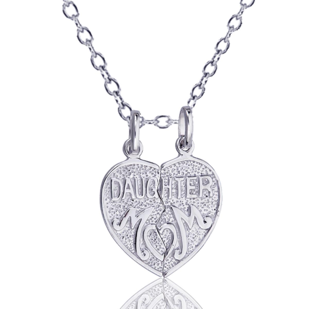 Sterling Silver Rhodium Daughter Mom Split Heart With Double Bail 18"Rolo Chain